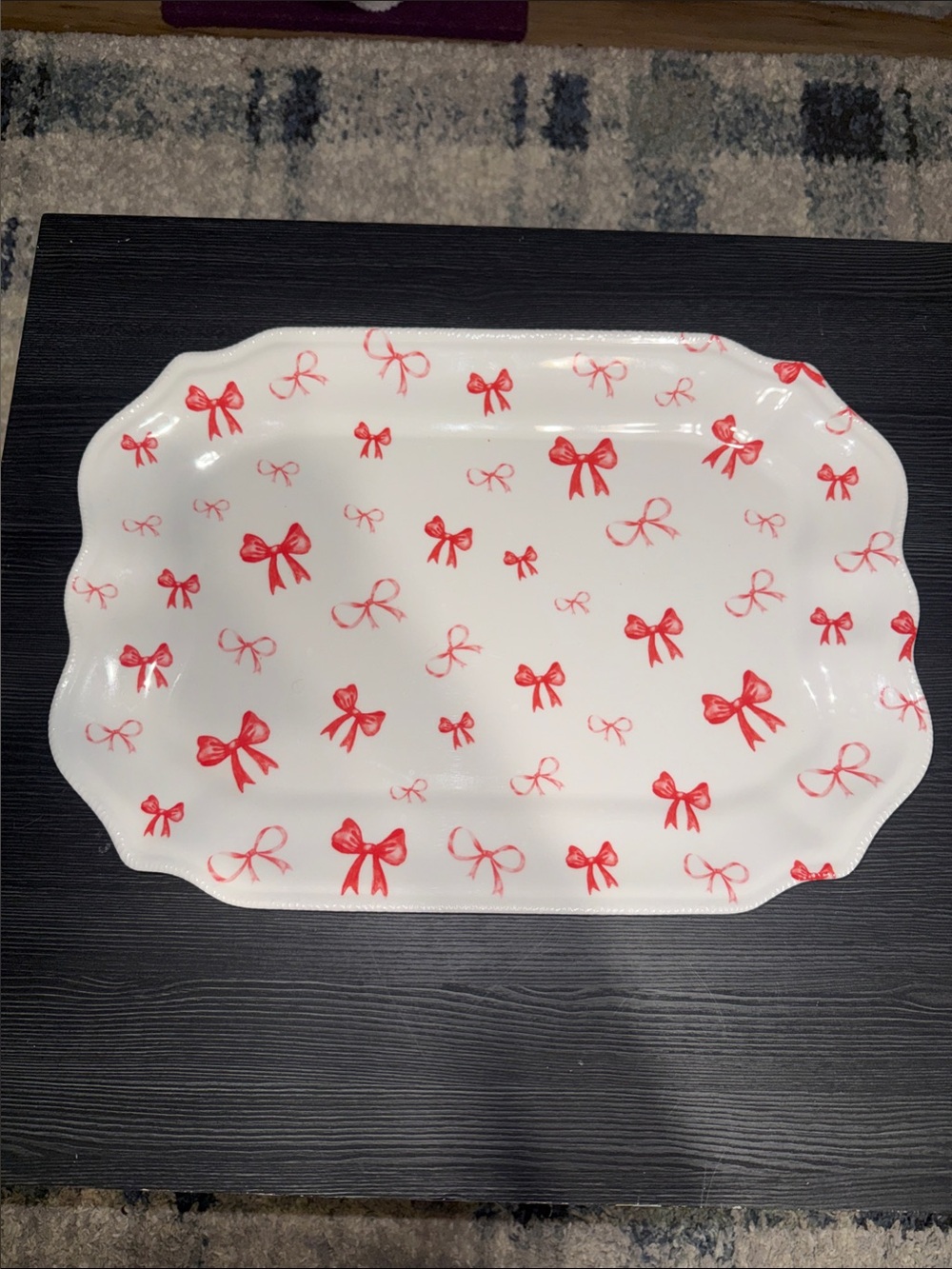 White Ceramic Platter with Red & Pink Bow Pattern